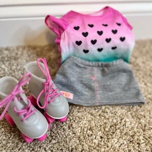 Our Generation 18” doll Pink Heart Top & Gray Skirt with Roller Skates, Like New